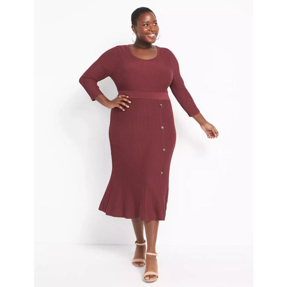 Lane Bryant Burgundy Ribbed 3/4 Sleeve Sweater Midi Dress Button Detail